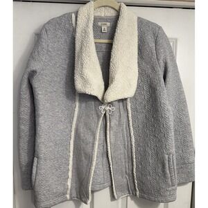 LL Bean Open Front Cardigan Jacket Womens Medium Gray Sherpa Lined‎ Embroidered